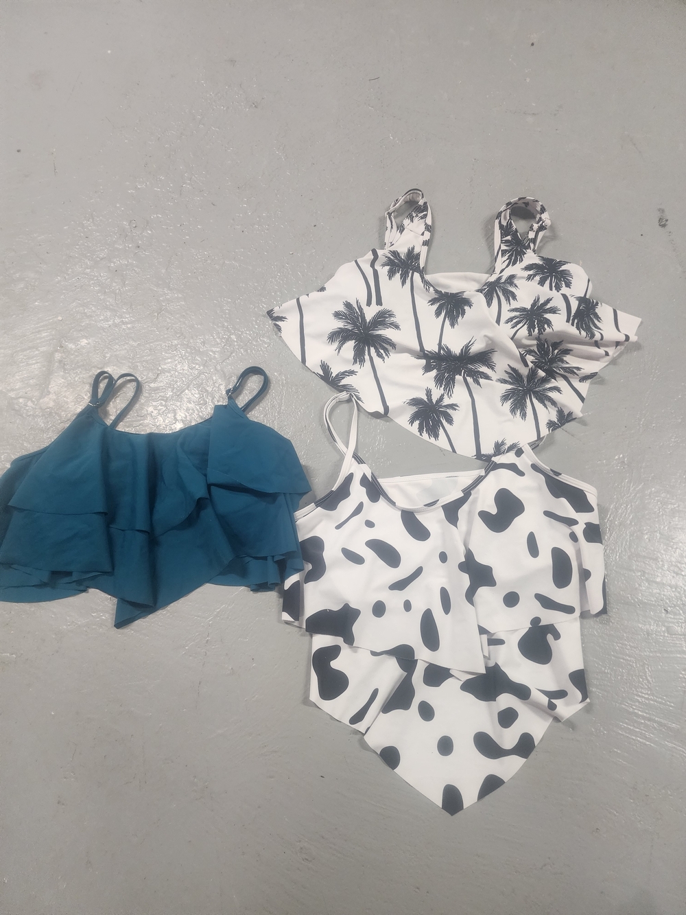 Trio of Flounce Swim Tops - Teal and Black/White Prints